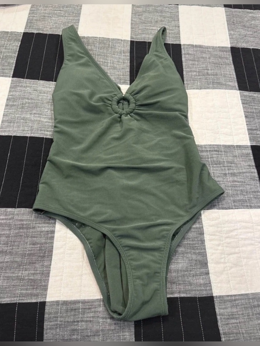 Shade & Shore Olive Green Ribbed One-Piece Swimsuit with Front Ring